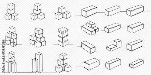 Isometric line art of stacked cubes and rectangular prisms.