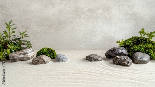Zen garden stones, plants, sand, calm, background; meditation