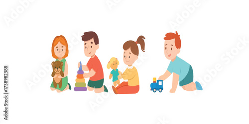 Print  Kids playing with toys flat vector illustration