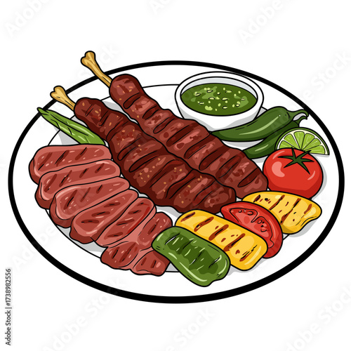 Flat Design Argentine Asado Platter, Vector Illustration with Bold Outlines, Isolated on White Background