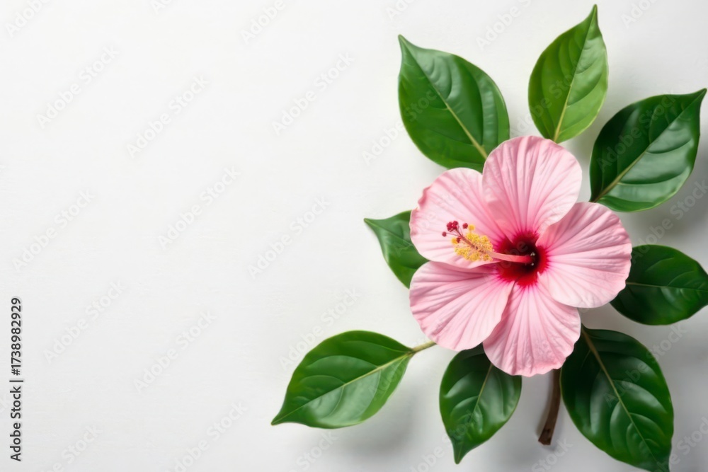 Obraz premium Delicate Pink Hibiscus Blossom with Lush Green Foliage on a White Background