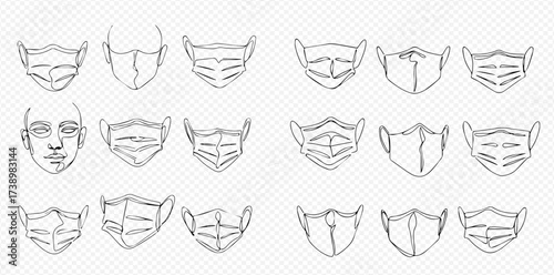 A collection of line drawings depicting various styles and shapes of face masks, including a human face, all in a minimalist, monochrome aesthetic.