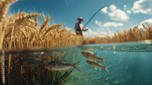 The Fisherman's Field: A fisherman casts his line amidst a stunning wheat field merging seamlessly with the clear, refreshing waters of a tranquil lake, offering a unique view of nature's duality.