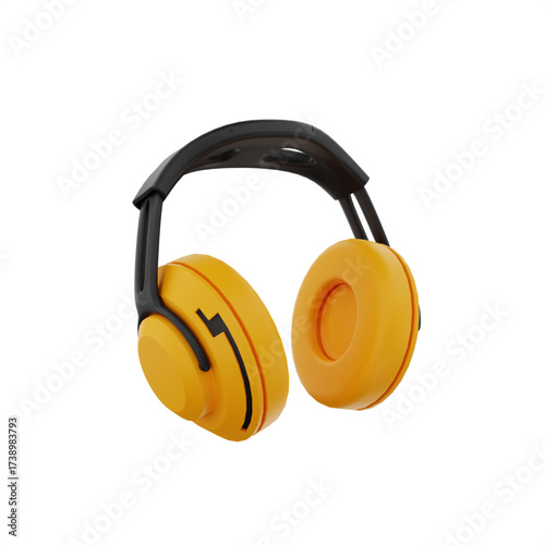 A pair of bright yellow industrial earmuffs with a black adjustable headband, isolated on a white background.