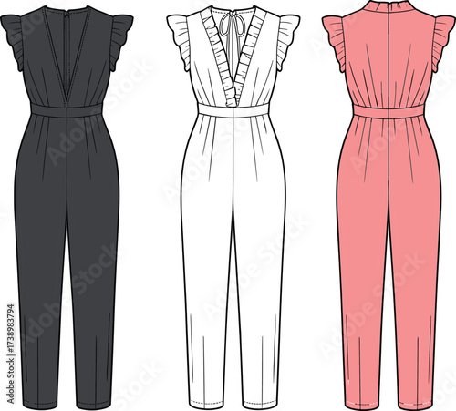 Fashion cad drawing flat vector, ruffle sleeve jumpsuit technical sketch, front and back view, apparel design template, stylish women clothing mockup