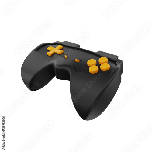 A 3D rendering of a black and yellow game controller, isolated on white.