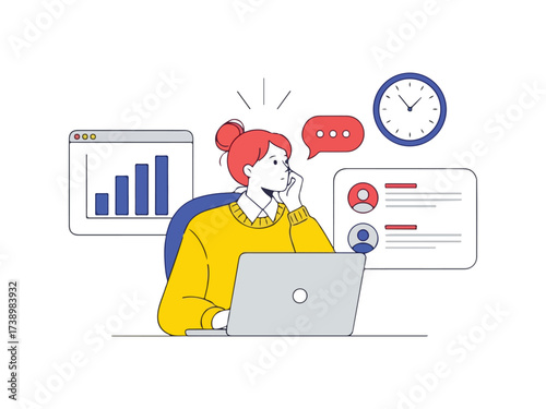 Businesswoman multitasking with data analysis and time management