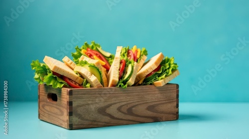 A wooden crate overflowing with fresh, delicious vegetable sandwiches, ready for a delightful picnic or a satisfying lunch break