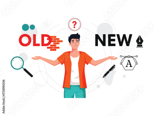 Man confused choosing between old and new methods or innovation