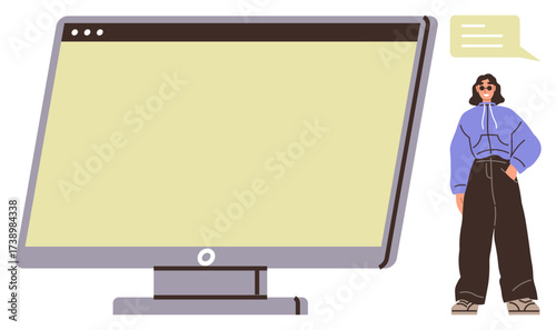 Large computer monitor with blank screen beside a casually dressed person and a chat bubble. Ideal for technology, communication, digital learning, teamwork, modern workspace, innovation, simple flat