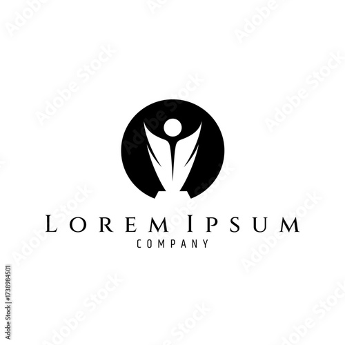 trophy or award logo in the form of a person with hands raised inside a circle emblem