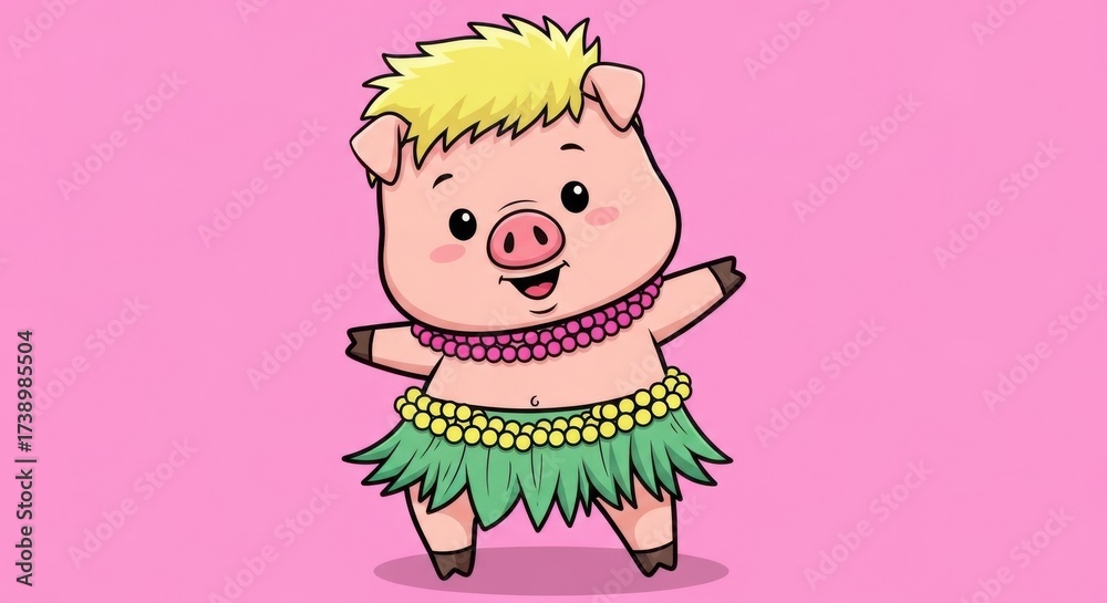 Fototapeta premium Cartoon Pig in Hawaiian Outfit Dancing with Festive Joy on Pink Backdrop