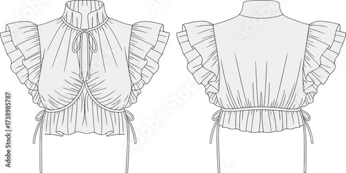 Women’s ruffle sleeve crop top flat sketch, high neck blouse vector, tie front fashion cad, trendy summer clothing designWomen’s ruffle sleeve crop top flat sketch, high neck blouse vector, 