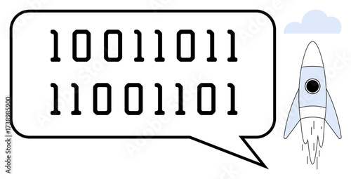 Binary code in a speech bubble beside a launching rocket with exhaust trails. Ideal for technology, coding, innovation, space exploration, startups, communication, data concepts. Simple flat metaphor