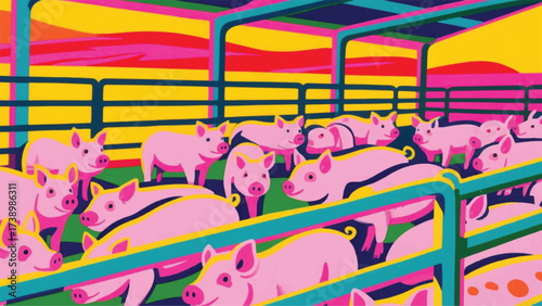 Collection of Farmed Pink Pigs Illustrator Artwork Banner Background Design Template 