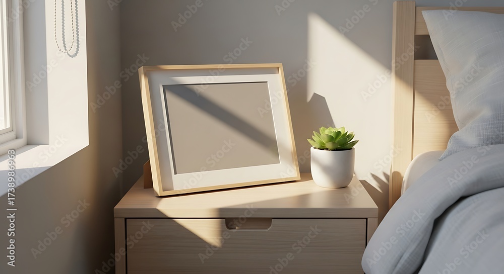 Obraz premium Sunlit Bedroom Still Life - Empty Frame, Succulent, and Morning Glow.