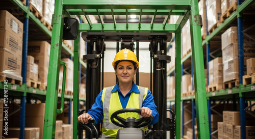 Smiling female forklift operator in warehouse wearing safety vest and hardhat looking at camera