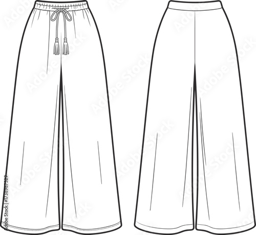 Women’s wide leg palazzo pants vector, fashion flat sketch, high waist trousers cad, loose fit pants, stylish summer apparel template