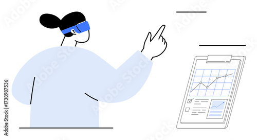 Individual in virtual reality headset points at interactive graph on clipboard. Ideal for technology, innovation, data analysis, future, virtual reality, business, education. Minimalist flat metaphor