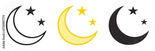 Crescent moon with stars icon. Night icon. Crescent moon icon yellow and black variatn. 
