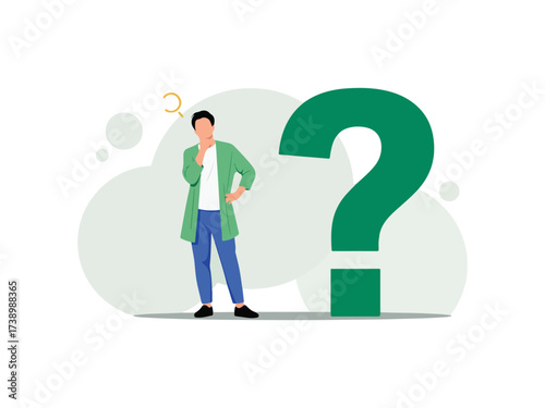 Doubtful Man Thinking Beside Large Green Question Mark
