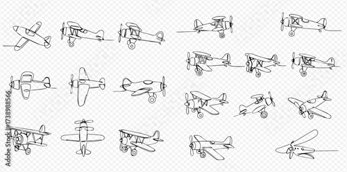 Collection of vintage airplane line drawings in various poses.
