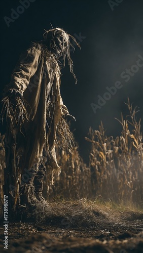 Nightmare inducing scarecrow stands menacingly in eerie cornfield, perfect for Halloween promotions or spooky horror movie posters
