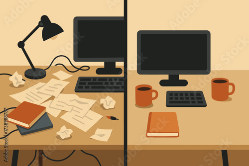 Vector contrast one dual abstract desk side illustration showing design screen tidy
