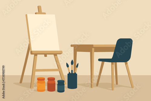 Paint workspace chair creative beside vector illustration brushes small minimalism easel