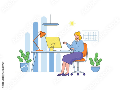 Woman Working at Computer in Modern Office