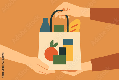 Minimal goods inside bag hands illustration exchange shapes depiction shopping vector flat