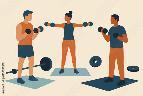 Vector weights minimalist lifting illustration floor scene geometric mats dumbbells gym simple