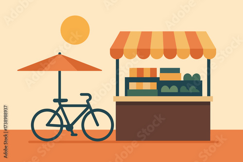 Above minimalist horizon street simple nearby market illustration bicycle vector scene stall