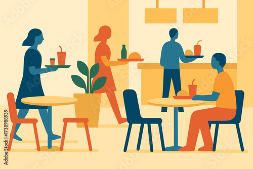 Court minimalist illustration abstract food geometric chairs vector carrying silhouettes trays