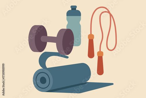 Arranged rope skipping illustration bottle vector equipment yoga fitness minimalist balance collection