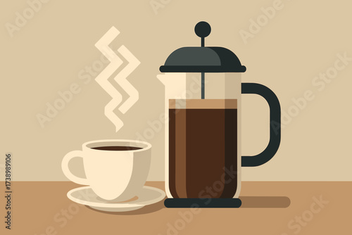 Vector upward coffee scene flat minimalist desk cup steam illustration floating french