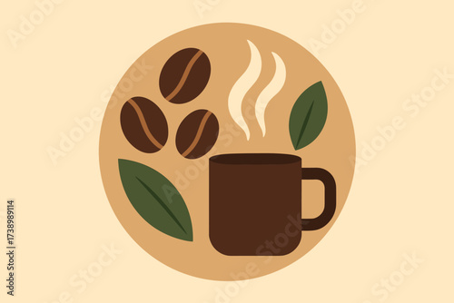 Leaf mug illustration silhouette around composition circle abstract coffee steaming vector design