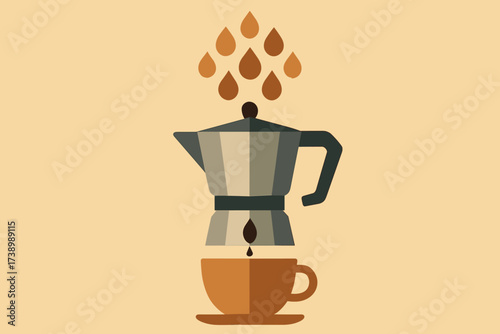 Minimalist vector cup abstract coffee pot under illustration stylized placed steam