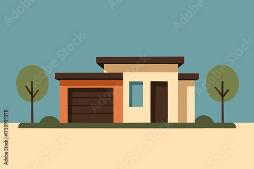 Illustration simple garage flat roof minimalist house aligned vector suburban trees