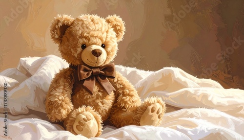 Cute brown teddy bear with a bow sitting on a white blanket.