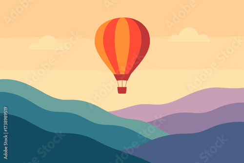 Flat air layered hot illustration hills gradient vector floating above balloon