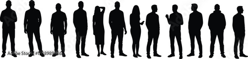 Silhouette people standing in line, diverse human postures, casual and business stances, group of men and women, body language concept, teamwork illustration design
