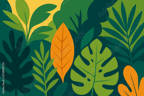 Layered bold jungle leaves flat vector geometric minimal tropical forms canopy illustration