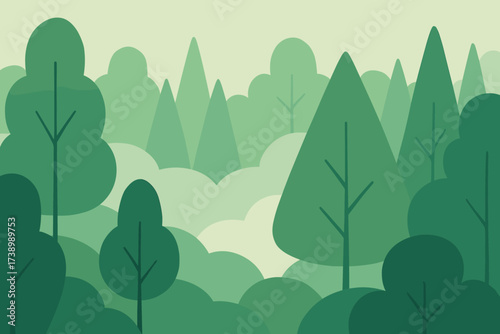 Flat scene stylized rising green tree abstract vector forest forms illustration fog