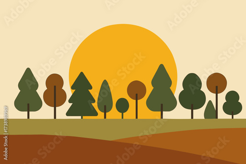 Shapes trees flat earthy stylized illustration tree over vector rising sunrise geometric