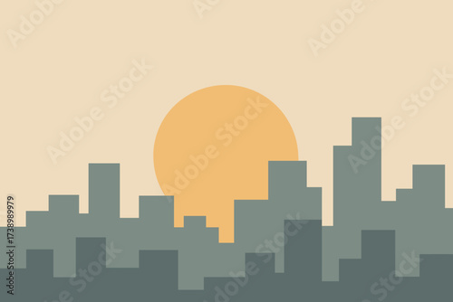 Muted cityscape sunrise flat sun illustration over rising round stylized vector city