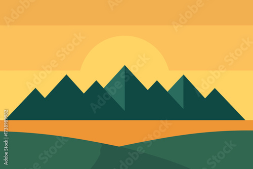 Into triangular peaks vector landscape sunrise illustration rising geometric sun simplified