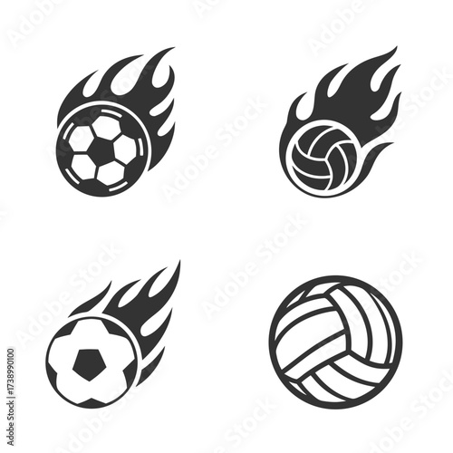 Soccer ball and volleyball icons with flames in dark grey on white background football sport