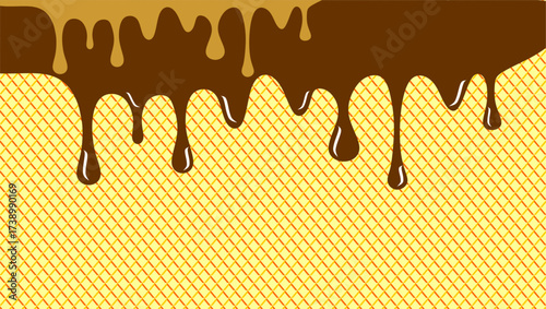 Wavy chocolate pattern. Chocolate wavy drip illustration. Brown chocolate drip illustration. Melted brown chocolate illustration. Liquid ice cream on waffle pattern background