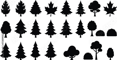 Black tree silhouette collection, diverse forest shapes, coniferous and deciduous icons, botanical foliage design, nature illustration set, abstract woodland elements, vector graphic trees